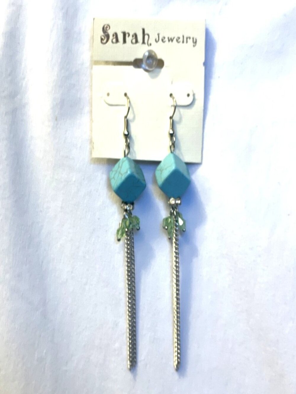Faux Turquoise Cube Dangle Earrings Silver Chain Tassel Rhinestone Green Beads